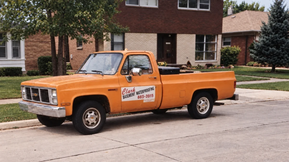 An old orange Clark pickup parked on a residential street, with Clark Basement Waterproofing and 885-3915 on the door.