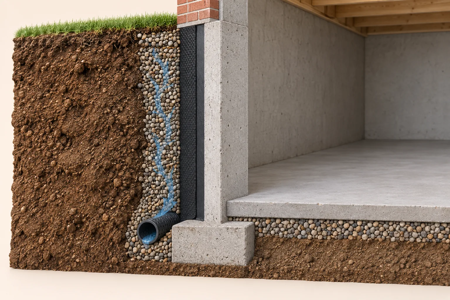 Illustrated cutaway: an exterior membrane separates the foundation wall from pea-stone backfill, with water draining to a pipe beside the outside footing.