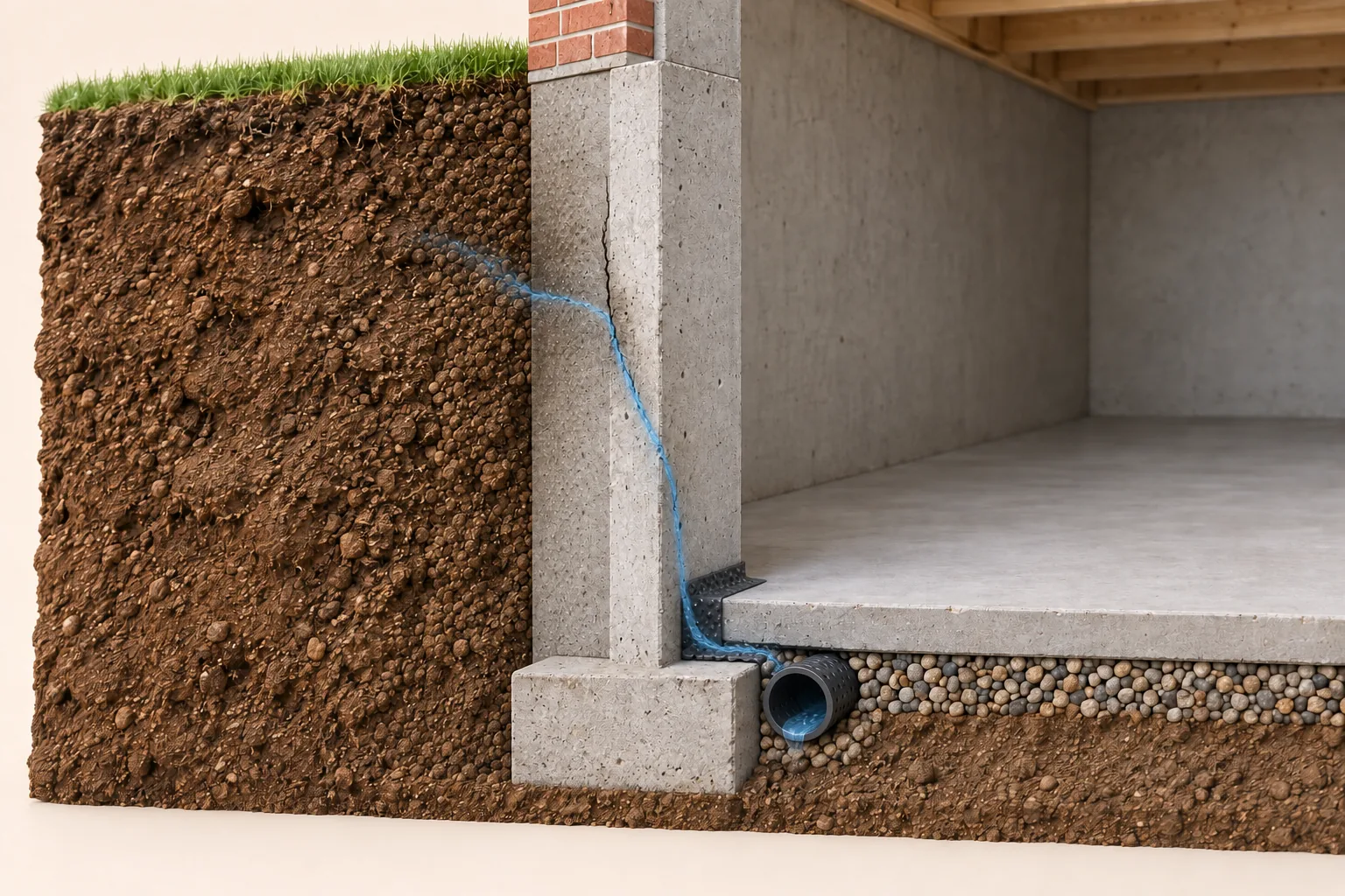 Illustrated cutaway: water seeps through an unsealed foundation wall and runs down an interior drainage strip to a pipe beneath the basement floor.