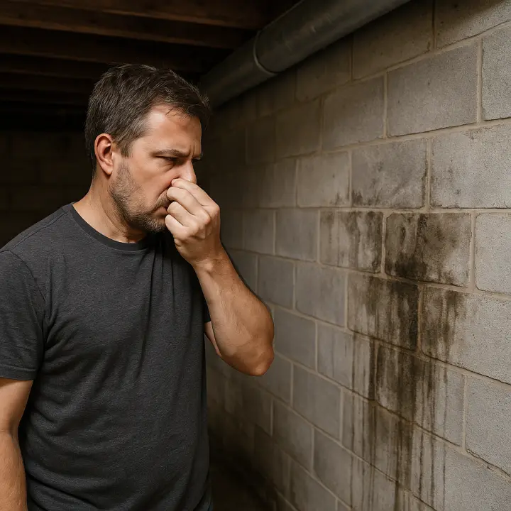 Homeowner reacting to a musty smell in a damp basement