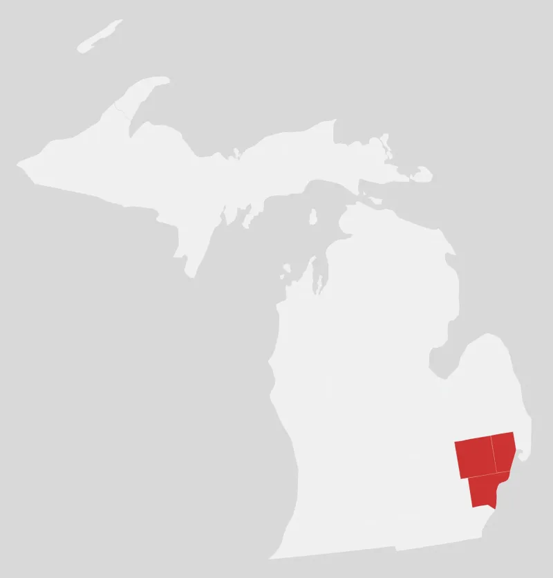 Map of Michigan with Macomb, Wayne and Oakland counties highlighted