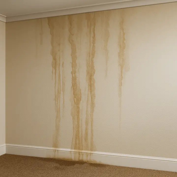 Water stains running down a basement wall
