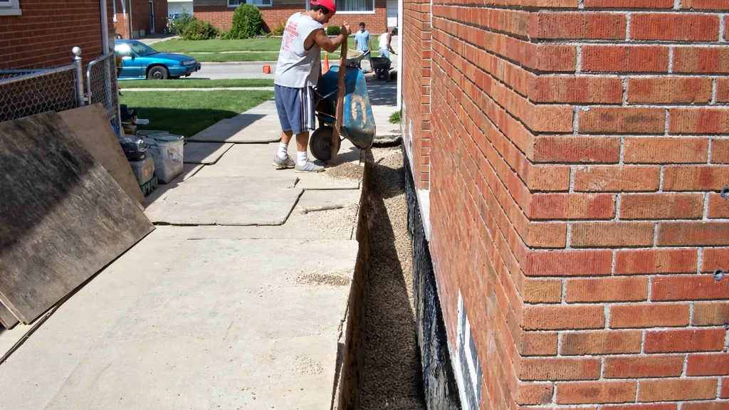 Crew hauling pea stone to an open trench along a brick home