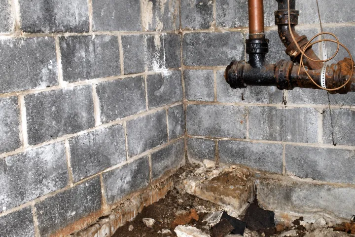 Deteriorated concrete block foundation wall in a basement corner