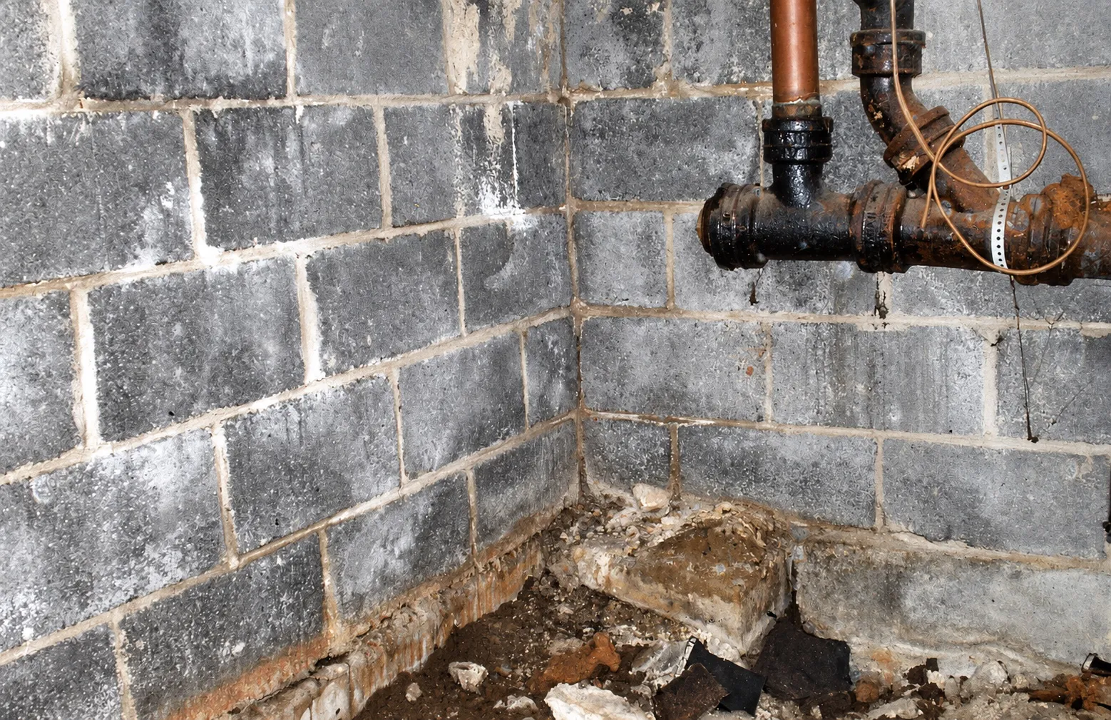 Deteriorated concrete block foundation wall in a basement corner