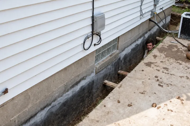 Excavation along the foundation of a sided home
