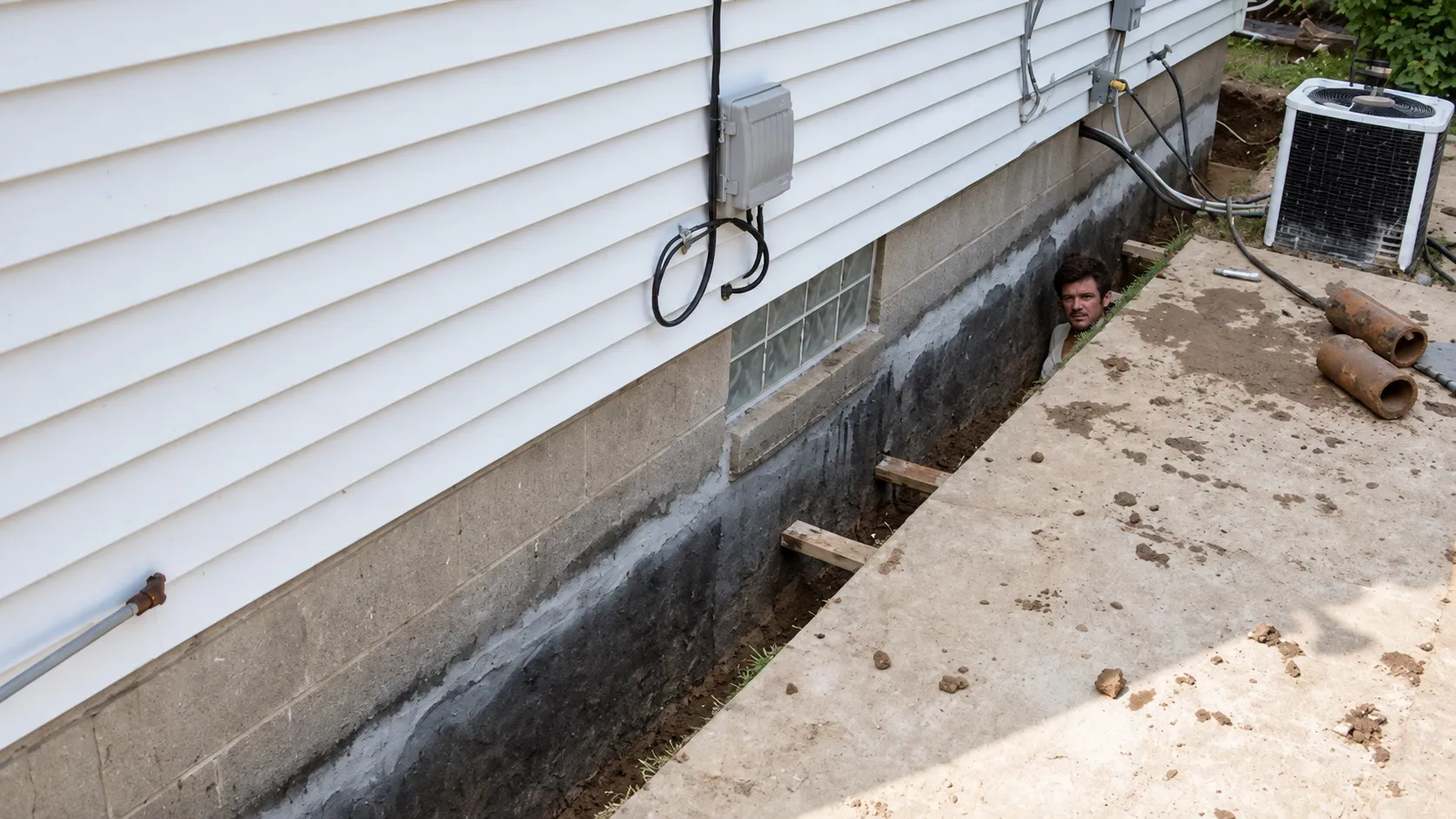 A crew member standing deep in a hand-dug trench along the concrete block foundation of a sided home