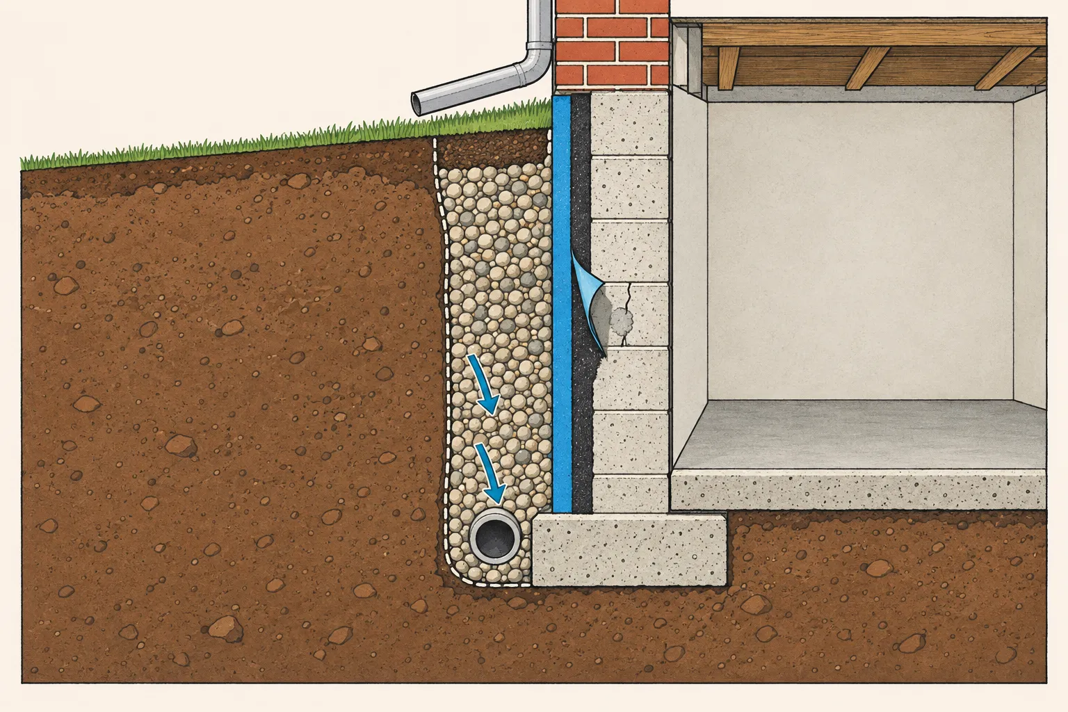 Foundation cutaway showing a repaired block wall, dark tar coating, blue waterproof membrane, pea-stone backfill and a drain beside the footing beneath restored topsoil.