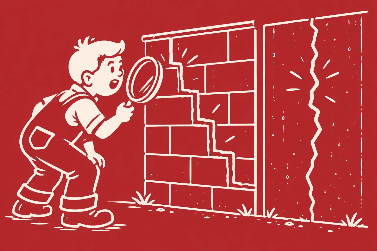 Illustration: boy uses a magnifying glass to study a stair-step block crack and a vertical concrete crack.