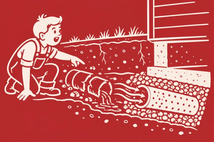 Illustration: broken clay drain tile beside a perforated pipe in pea stone at a foundation footing.