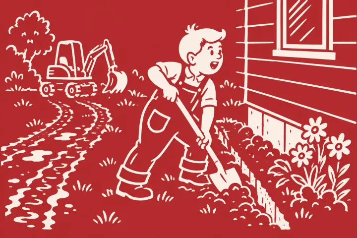 Illustration: boy hand-digs a narrow trench beside intact flowers while a small excavator leaves muddy ruts.