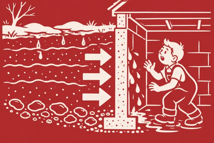 Illustration: melting snow saturates soil, with arrows showing pressure toward a leaking basement wall.