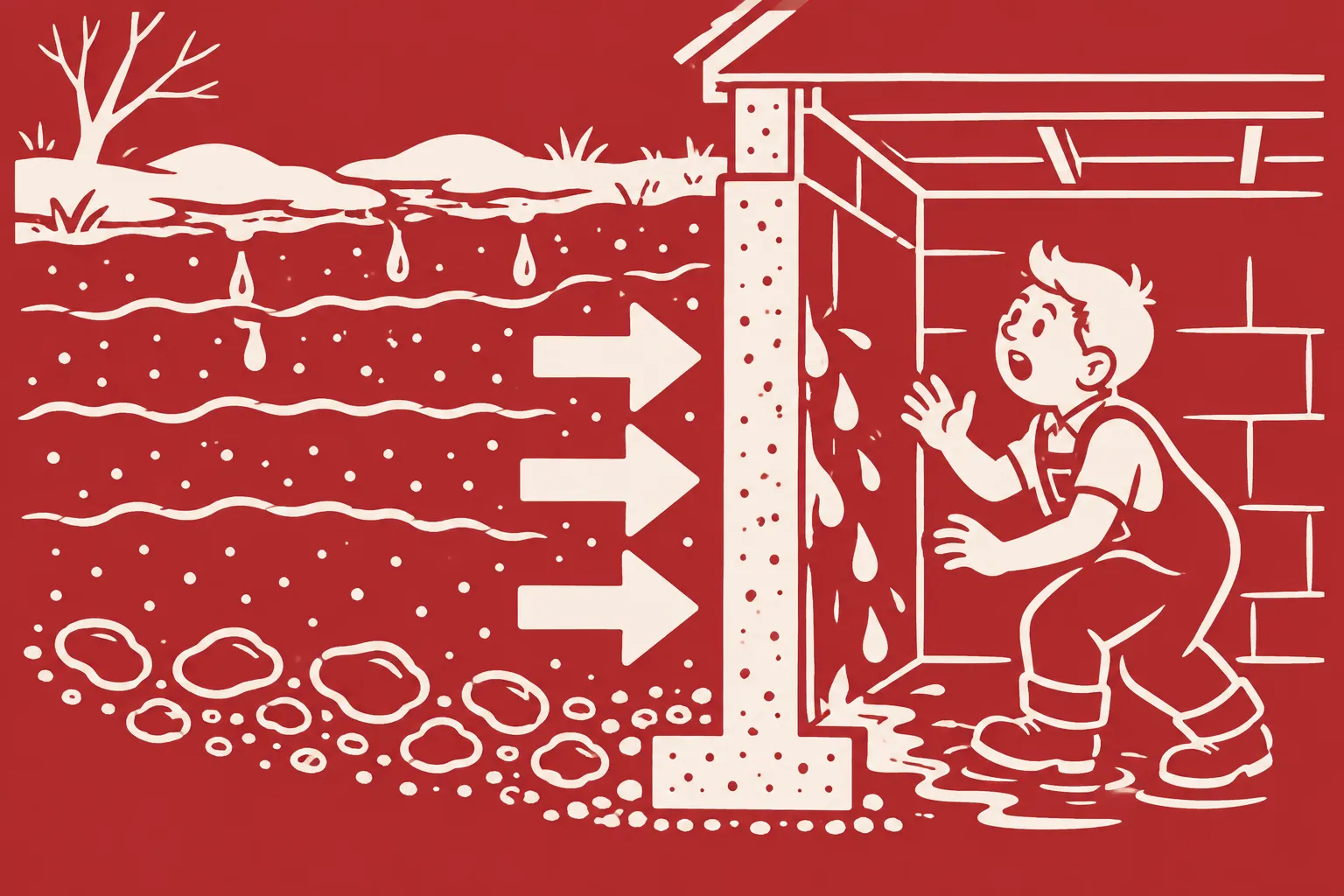 Illustration: melting snow saturates soil, with arrows showing pressure toward a leaking basement wall.