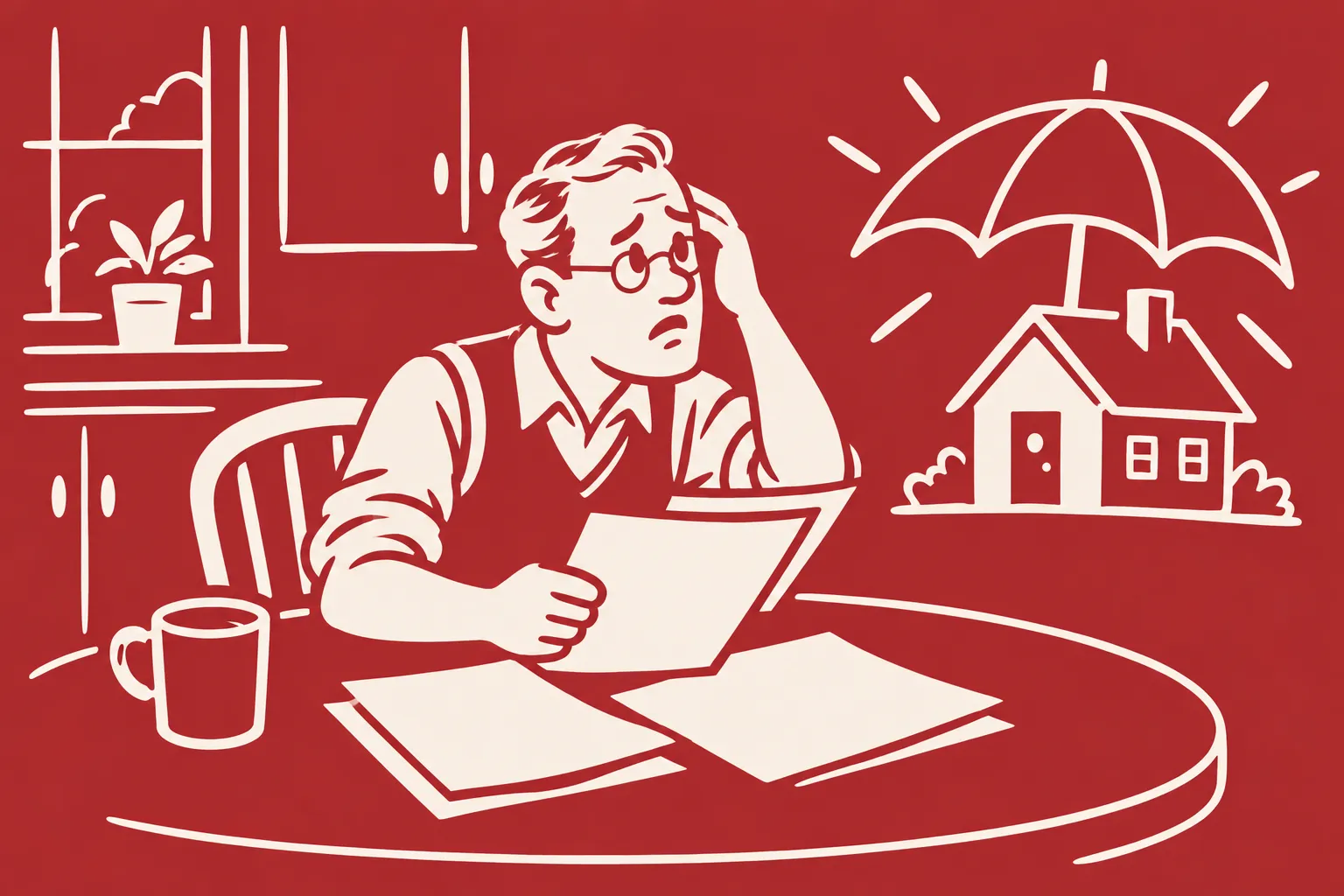 Illustration: puzzled adult homeowner studies blank policy papers beside a house under an umbrella.
