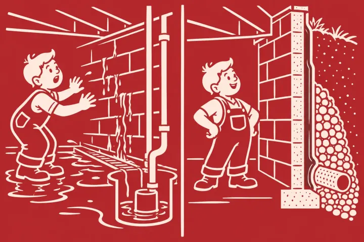 Illustration: interior drainage carries leaks to a sump pump; exterior sealing and drain tile keep the other basement dry.