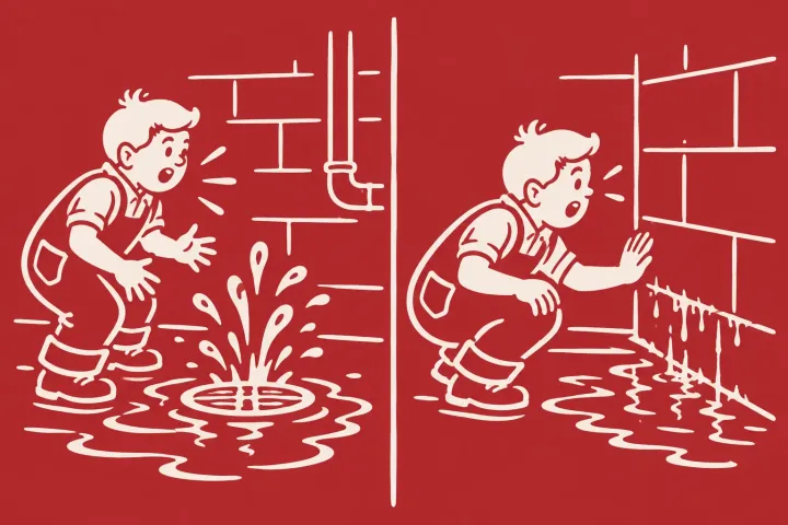 Illustration: water backs up from a floor drain on the left and seeps through a wall on the right.
