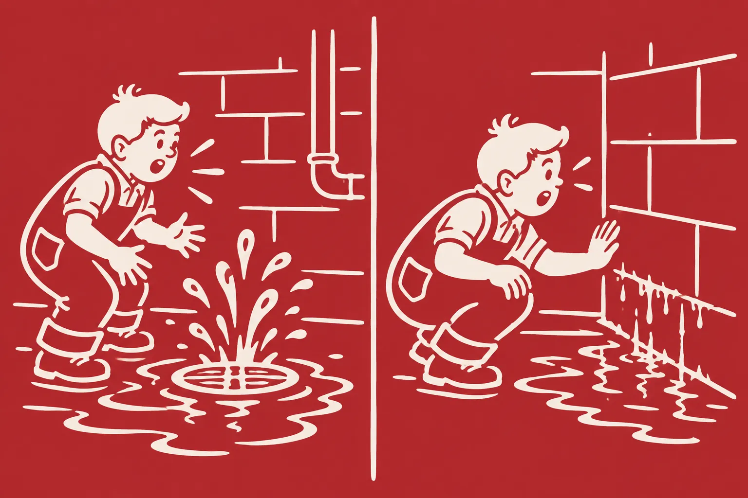 Illustration: water backs up from a floor drain on the left and seeps through a wall on the right.