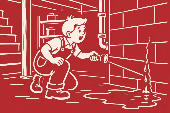 Illustration: boy shines a flashlight at water seeping through a basement wall crack.