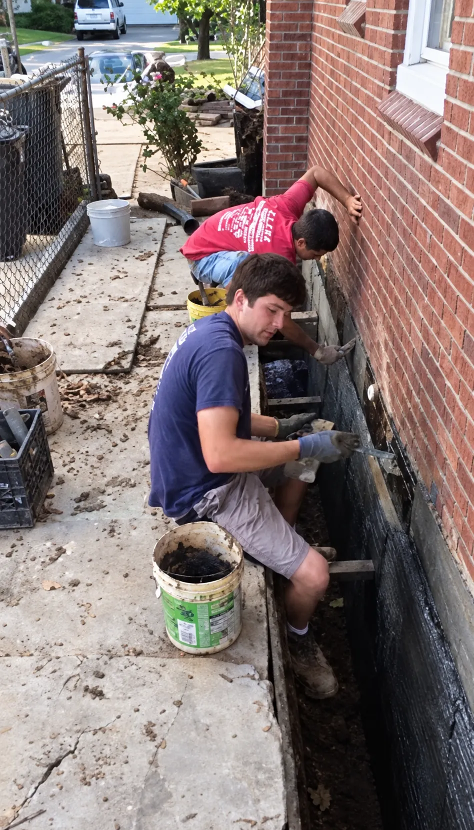 Two crew members working in a narrow trench along a brick foundation wall.
