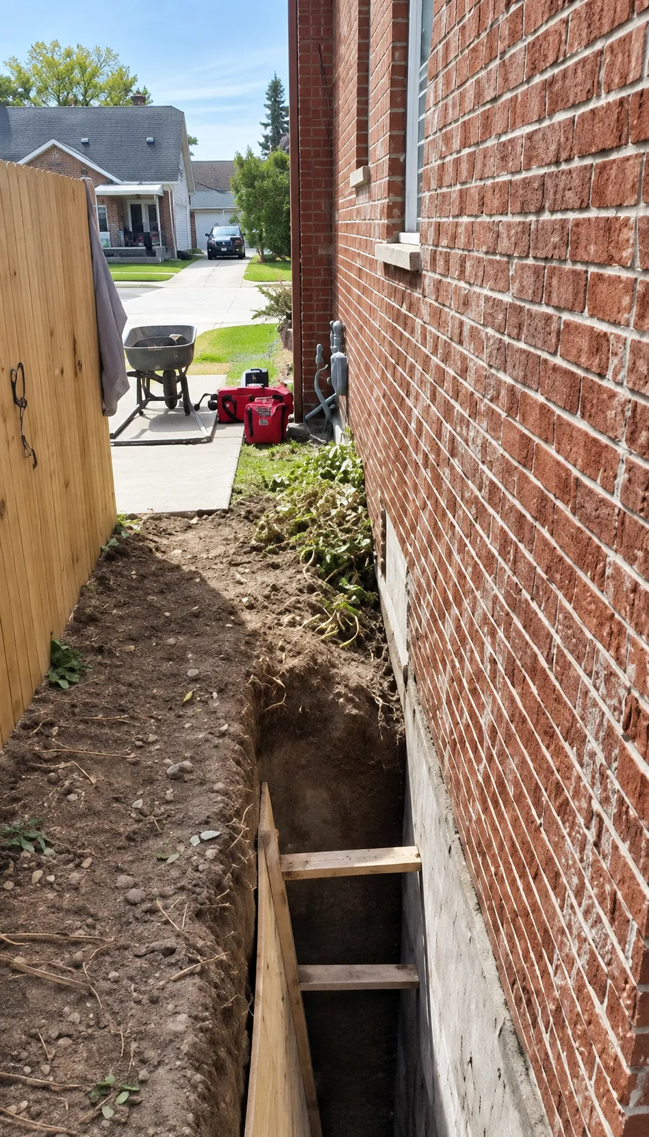 Narrow hand-dug trench between a brick wall and a fence, with timber braces across the opening.