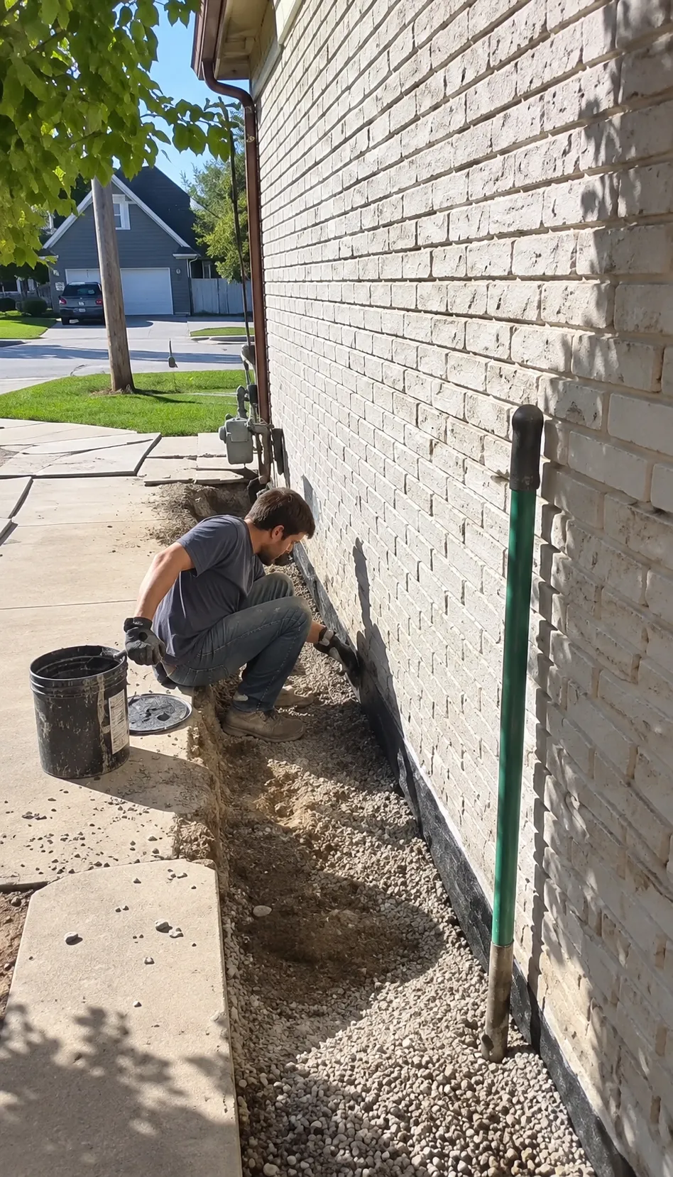 Crew member working beside pea stone along a painted brick foundation.