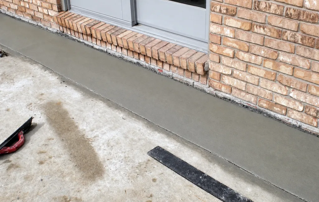 New concrete walkway poured along the foundation after waterproofing