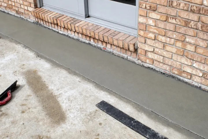 New concrete walkway poured along the foundation after waterproofing