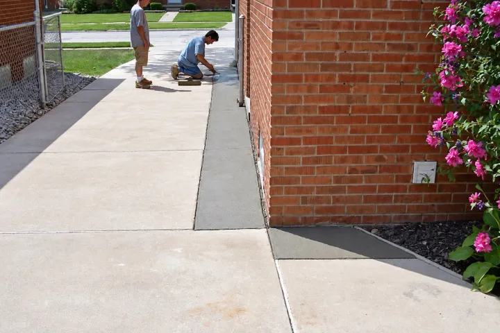 Restored concrete walkway along a brick home after exterior waterproofing