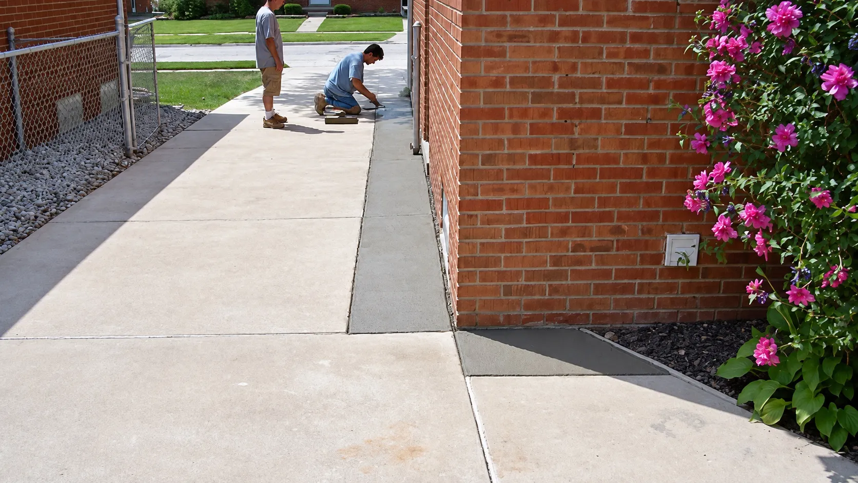 Restored concrete walkway along a brick home after exterior waterproofing