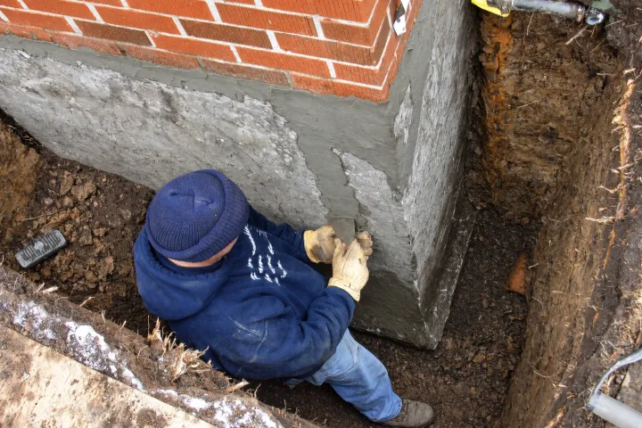 Crew member in a trench sealing the exterior foundation wall with hydraulic cement