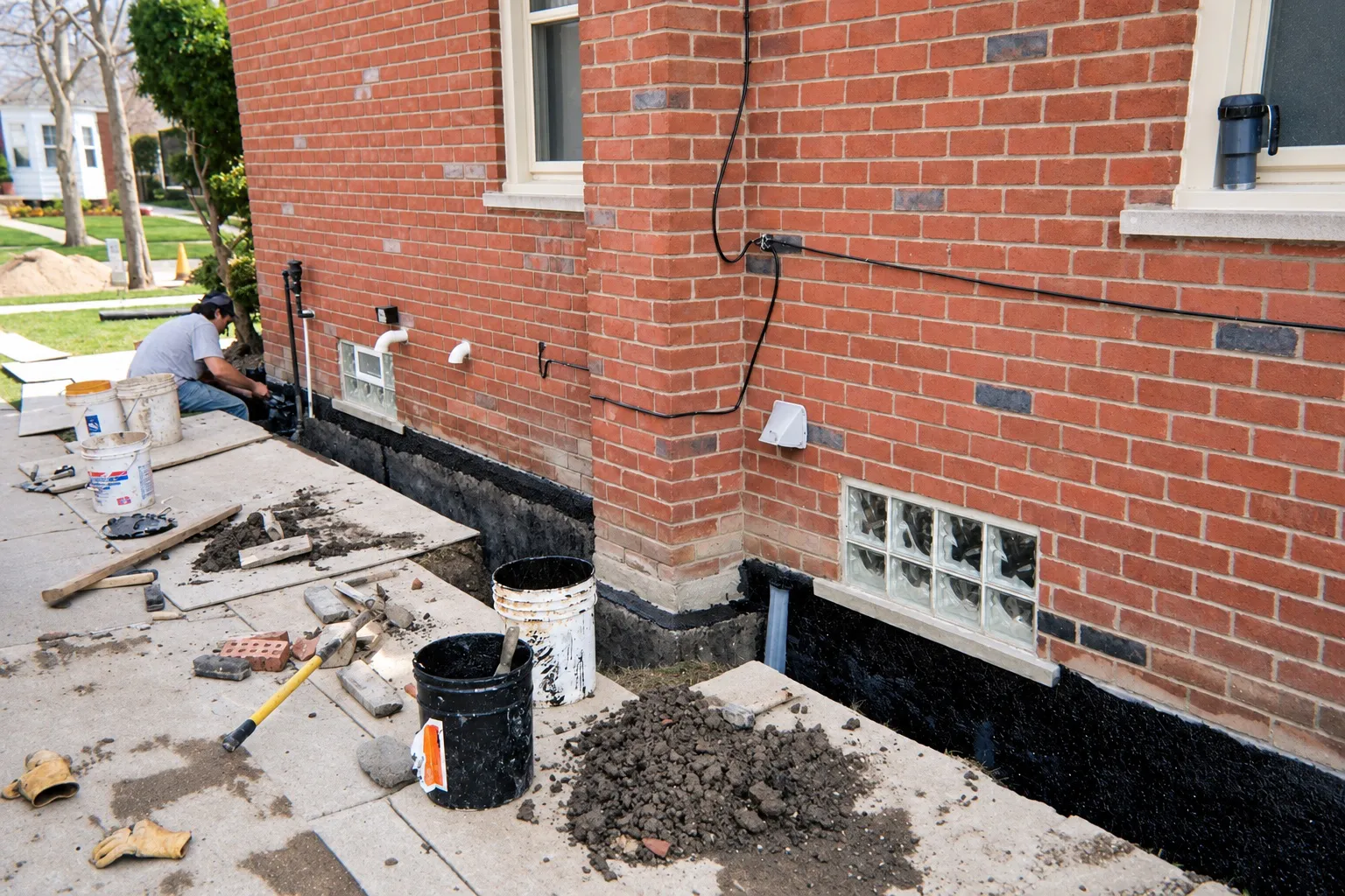 Exposed foundation wall coated in tar along a brick home