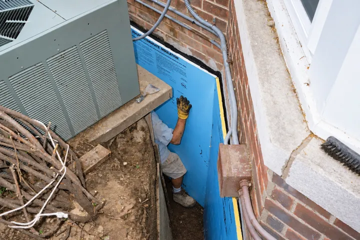 Blue waterproof membrane installed against a foundation wall
